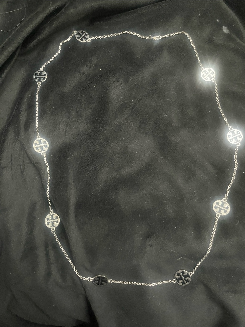 Tory Burch inspired  Silver-Tone Chain Necklace with Black Logo Discs